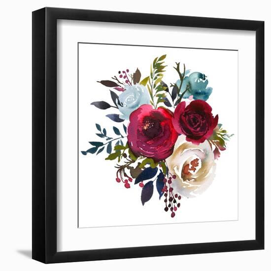 Watercolor Floral Bouquet Burgundy Bordo Red Navy Blue Roses Peonies Leaves Isolated on White Backg-null-Framed Art Print