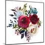 Watercolor Floral Bouquet Burgundy Bordo Red Navy Blue Roses Peonies Leaves Isolated on White Backg-null-Mounted Art Print