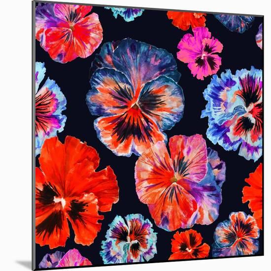 Watercolor Floral Pattern. Colorul Pansies Isolated on Dark Background. Red Blue Flowers-Firsart-Mounted Art Print