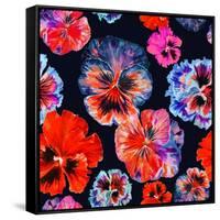 Watercolor Floral Pattern. Colorul Pansies Isolated on Dark Background. Red Blue Flowers-Firsart-Framed Stretched Canvas