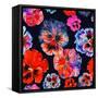 Watercolor Floral Pattern. Colorul Pansies Isolated on Dark Background. Red Blue Flowers-Firsart-Framed Stretched Canvas
