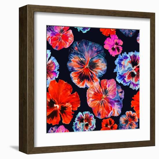 Watercolor Floral Pattern. Colorul Pansies Isolated on Dark Background. Red Blue Flowers-Firsart-Framed Art Print