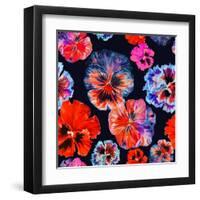 Watercolor Floral Pattern. Colorul Pansies Isolated on Dark Background. Red Blue Flowers-Firsart-Framed Art Print