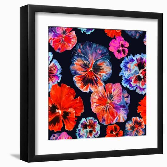 Watercolor Floral Pattern. Colorul Pansies Isolated on Dark Background. Red Blue Flowers-Firsart-Framed Art Print