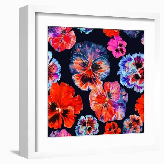 Watercolor Floral Pattern. Colorul Pansies Isolated on Dark Background. Red Blue Flowers-Firsart-Framed Art Print