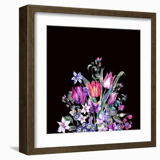 Watercolor Floral Spring Greeting Card, Vintage Flowers Bouquet, Purple Tulips, Wildflowers, Strawb-Varvara Kurakina-Framed Art Print