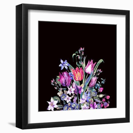 Watercolor Floral Spring Greeting Card, Vintage Flowers Bouquet, Purple Tulips, Wildflowers, Strawb-Varvara Kurakina-Framed Art Print