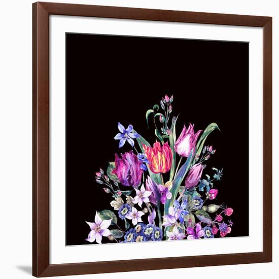 Watercolor Floral Spring Greeting Card, Vintage Flowers Bouquet, Purple Tulips, Wildflowers, Strawb-Varvara Kurakina-Framed Art Print