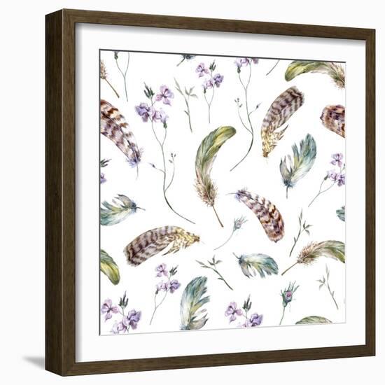 Watercolor Floral Vintage Seamless Pattern with Feathers, Watercolor Illustration-Depiano-Framed Art Print