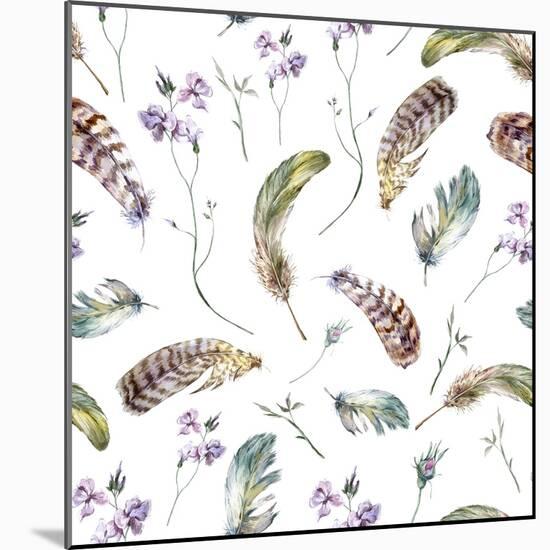 Watercolor Floral Vintage Seamless Pattern with Feathers, Watercolor Illustration-Depiano-Mounted Art Print