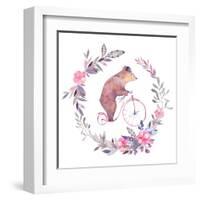 Watercolor Floral Wreath and Circus Bear on Bicycle-Eisfrei-Framed Art Print