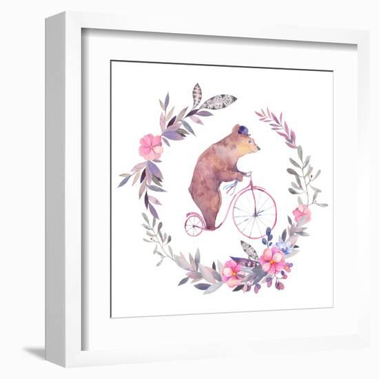 Watercolor Floral Wreath and Circus Bear on Bicycle-Eisfrei-Framed Art Print