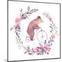 Watercolor Floral Wreath and Circus Bear on Bicycle-Eisfrei-Mounted Art Print