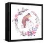 Watercolor Floral Wreath and Circus Bear on Bicycle-Eisfrei-Framed Stretched Canvas