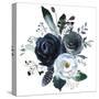 Watercolor Floral Wreath Roses Peonies Leaves Boho Grey Navy White Indigo Blue Isolated on White Ba-Yuliya Podlinnova-Stretched Canvas