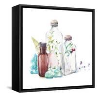 Watercolor Glass Bottles, Sprouts of Plants, Fern Leaf, Berries and Gem Stones-Eisfrei-Framed Stretched Canvas