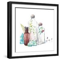 Watercolor Glass Bottles, Sprouts of Plants, Fern Leaf, Berries and Gem Stones-Eisfrei-Framed Art Print