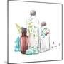 Watercolor Glass Bottles, Sprouts of Plants, Fern Leaf, Berries and Gem Stones-Eisfrei-Mounted Art Print