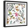 Watercolor Hand Drawn Seamless Pattern with Tropical Summer Flowers and Exotic Birds on White Backg-KostanPROFF-Framed Art Print