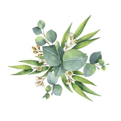 Watercolor Hand Painted Bouquet with Green Eucalyptus Leaves and ...
