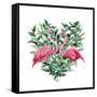 Watercolor Heart with Pink Flamingo and Eucalyptus Leaves. Hand Painted Pink Flamingo and Leaves Is-Y_D-Framed Stretched Canvas