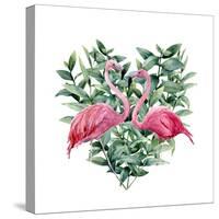Watercolor Heart with Pink Flamingo and Eucalyptus Leaves. Hand Painted Pink Flamingo and Leaves Is-Y_D-Stretched Canvas