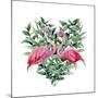 Watercolor Heart with Pink Flamingo and Eucalyptus Leaves. Hand Painted Pink Flamingo and Leaves Is-Y_D-Mounted Art Print