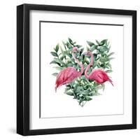 Watercolor Heart with Pink Flamingo and Eucalyptus Leaves. Hand Painted Pink Flamingo and Leaves Is-Y_D-Framed Art Print