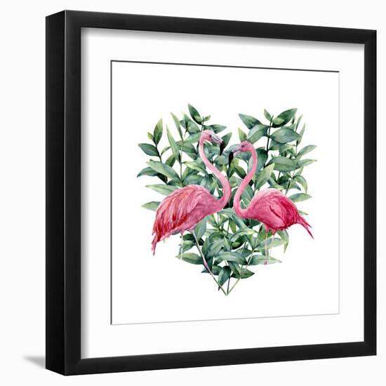 Watercolor Heart with Pink Flamingo and Eucalyptus Leaves. Hand Painted Pink Flamingo and Leaves Is-Y_D-Framed Art Print