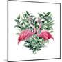 Watercolor Heart with Pink Flamingo and Eucalyptus Leaves. Hand Painted Pink Flamingo and Leaves Is-Y_D-Mounted Art Print