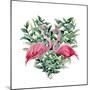 Watercolor Heart with Pink Flamingo and Eucalyptus Leaves. Hand Painted Pink Flamingo and Leaves Is-Y_D-Mounted Art Print