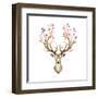 Watercolor Illustration Isolated Deer, Big Antlers, Flowers and Birds on the Horns, Branches Cherry-Anastasia Zenina-Lembrik-Framed Art Print