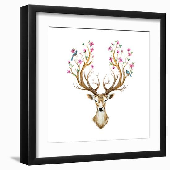 Watercolor Illustration Isolated Deer, Big Antlers, Flowers and Birds on the Horns, Branches Cherry-Anastasia Zenina-Lembrik-Framed Art Print