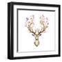 Watercolor Illustration Isolated Deer, Big Antlers, Flowers and Birds on the Horns, Branches Cherry-Anastasia Zenina-Lembrik-Framed Art Print