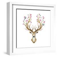 Watercolor Illustration Isolated Deer, Big Antlers, Flowers and Birds on the Horns, Branches Cherry-Anastasia Zenina-Lembrik-Framed Art Print