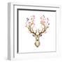 Watercolor Illustration Isolated Deer, Big Antlers, Flowers and Birds on the Horns, Branches Cherry-Anastasia Zenina-Lembrik-Framed Art Print