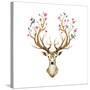 Watercolor Illustration Isolated Deer, Big Antlers, Flowers and Birds on the Horns, Branches Cherry-Anastasia Zenina-Lembrik-Stretched Canvas