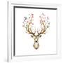 Watercolor Illustration Isolated Deer, Big Antlers, Flowers and Birds on the Horns, Branches Cherry-Anastasia Zenina-Lembrik-Framed Art Print