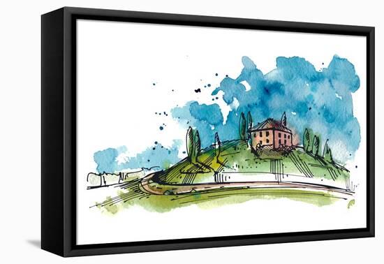 Watercolor Illustration of a Tuscany Hill. the Watercolor and Ink Drawings are Two Different Layers-Julia Henze-Framed Stretched Canvas