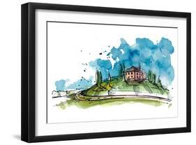 Watercolor Illustration of a Tuscany Hill. the Watercolor and Ink Drawings are Two Different Layers-Julia Henze-Framed Art Print