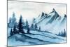 Watercolor Illustration. Winter Mountains Landscape, Trees, Sky.-AlexGreenArt-Mounted Art Print