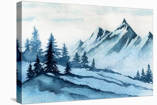 Watercolor Illustration. Winter Mountains Landscape, Trees, Sky.-AlexGreenArt-Stretched Canvas