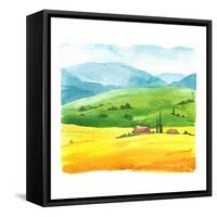 Watercolor Illustration with Landscape Field. Nature Background. Organic Farms. Eco Growing. Agricu-Monash-Framed Stretched Canvas