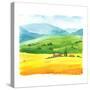 Watercolor Illustration with Landscape Field. Nature Background. Organic Farms. Eco Growing. Agricu-Monash-Stretched Canvas