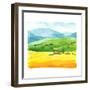 Watercolor Illustration with Landscape Field. Nature Background. Organic Farms. Eco Growing. Agricu-Monash-Framed Art Print