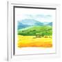 Watercolor Illustration with Landscape Field. Nature Background. Organic Farms. Eco Growing. Agricu-Monash-Framed Art Print