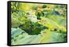 Watercolor Landscape of Village on a Hill-Painterstock-Framed Stretched Canvas