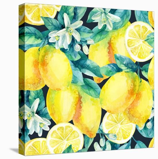 Watercolor Lemon Fruit Branch with Leaves Seamless Pattern on Black Background. Lemon Citrus Tree.-Syrytsyna Tetiana-Stretched Canvas