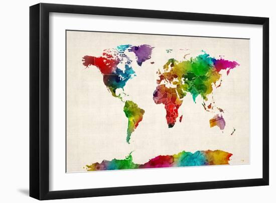 Watercolor Map of the World Map-Michael Tompsett-Framed Art Print