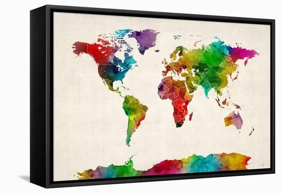 Watercolor Map of the World Map-Michael Tompsett-Framed Stretched Canvas